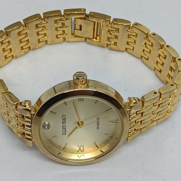 Ellen Tracy ET8065 Women's 32mm Gold Tone Diamond Dial Watch + Bracelet Set - Picture 8 of 11
